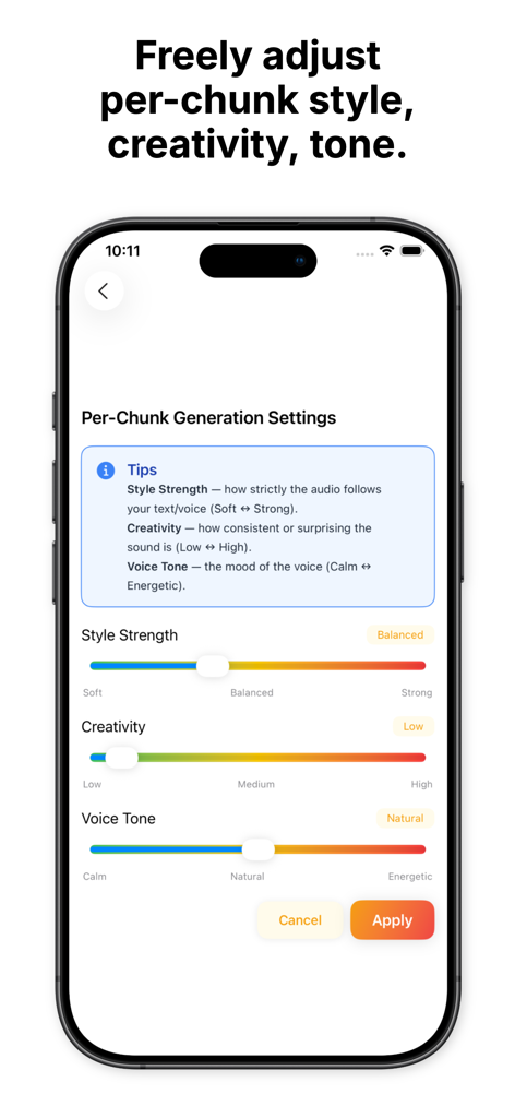 Chinny: Offline Voice Cloner - Chinny app interface showing sliders to adjust style strength, creativity, and voice tone for offline voice cloning