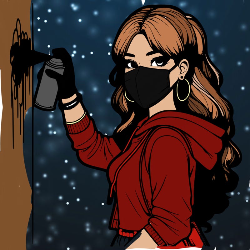 realistic girl with mask spray painting a wall