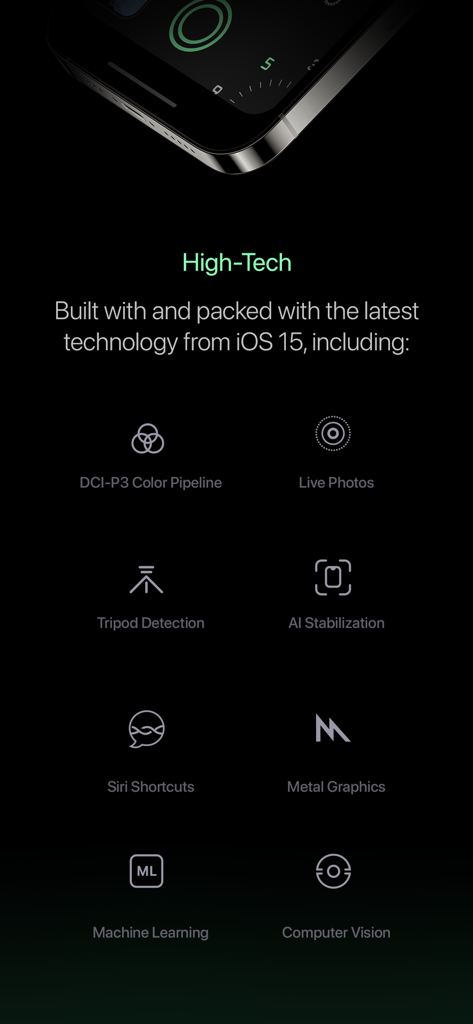 Una lista de funciones técnicas avanzadas en la aplicación Spectre Camera, incluida la estabilización por IA y el aprendizaje automático