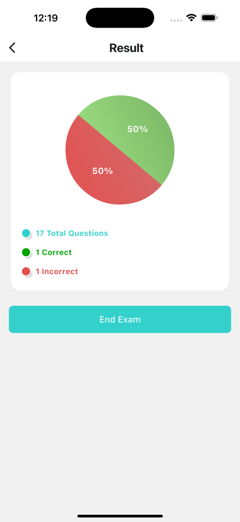 Exam result summary screen on Remedy Platform app showing a pie chart of correct and incorrect answers with an end exam button.