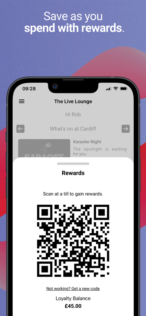 Live Lounge - A mobile screen showing the Live Lounge app rewards section with a QR code for scanning and a loyalty balance of forty five pounds