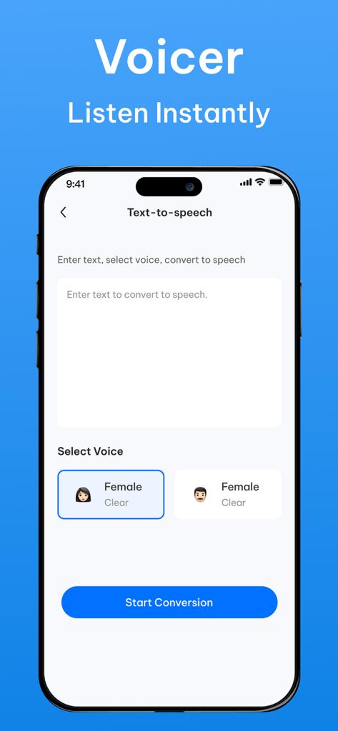 A text to speech interface showing text input and voice selection options.