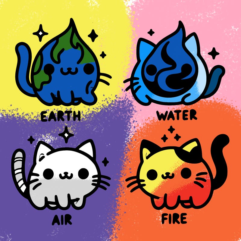 4 cats that represent the different elements, earth, water, air, and fire