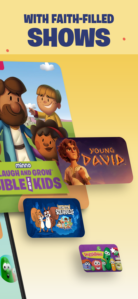 Minno app interface showcasing various faith-filled children's shows including VeggieTales and Young David.