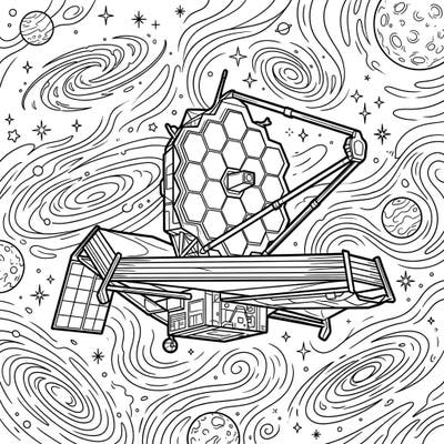 Embark on an astronomical coloring journey with this captivating space telescope design, poised to unveil the universe's hidden wonders. Perfect for enthusiasts eager to bring cosmic exploration to life with vibrant colors.