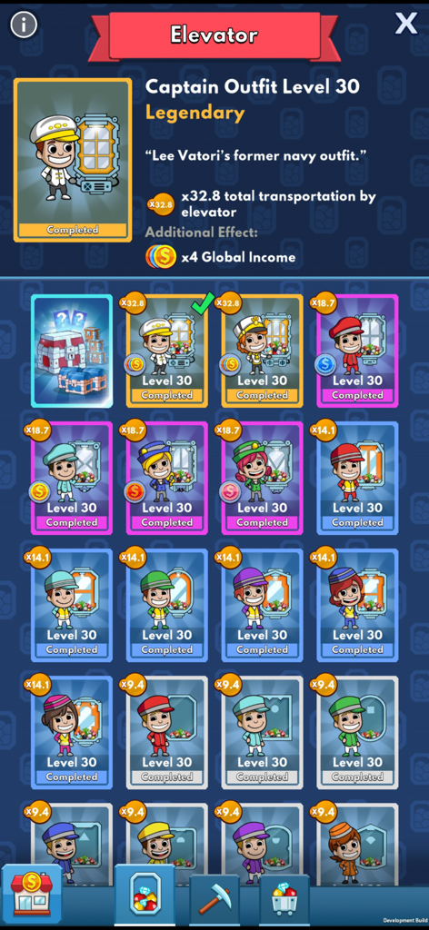 A collection of captain outfits and managers for the elevator in Idle Miner Tycoon showing legendary upgrades and levels