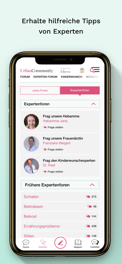 urbia online - Interface of the urbia online app displaying expert forums for fertility pregnancy and child care support