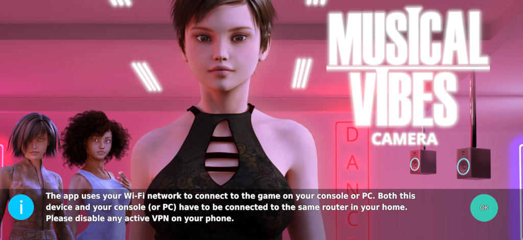 Musical Vibes Camera - Musical Vibes Camera connection instructions with three character avatars