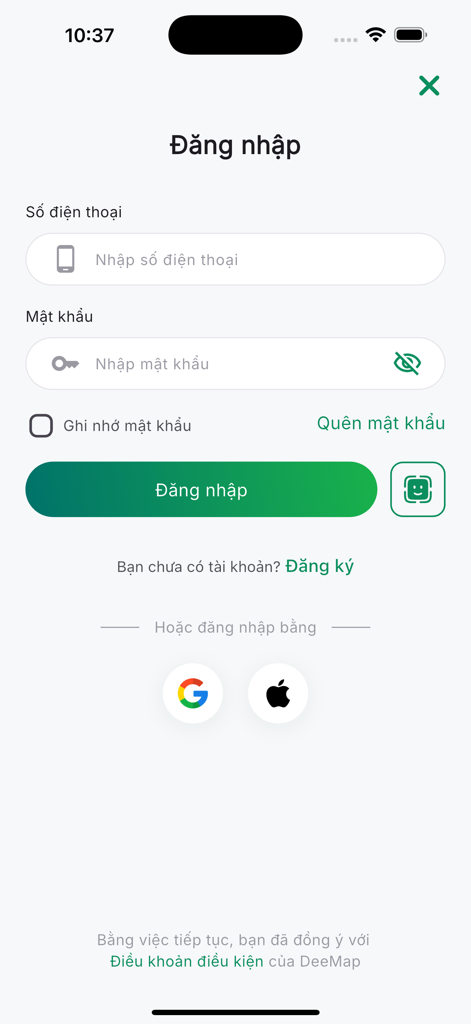 DeeMap 부동산 계획 앱의 로그인 페이지, 전화번호 및 비밀번호 필드가 표시됨