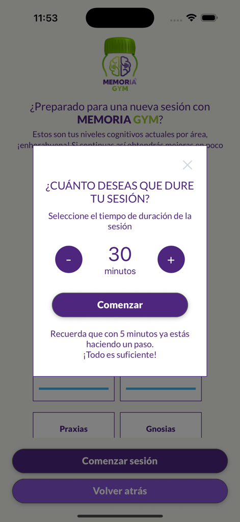 MemorIA GYM - MemorIA GYM app interface showing a pop-up modal to select the duration of a cognitive training session