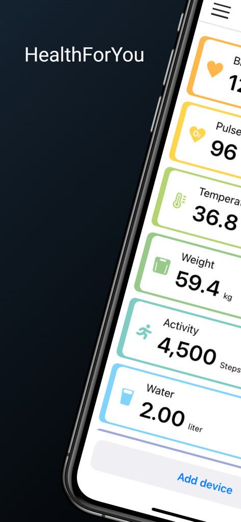 HealthForYou app dashboard displaying pulse temperature weight and daily activity tracking