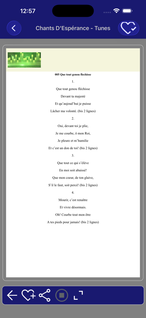 Chants D'Esperance - Tunes - A mobile phone screen displaying the lyrics of a French Christian hymn titled Que tout genou flechisse within the Chants DEsperance app.
