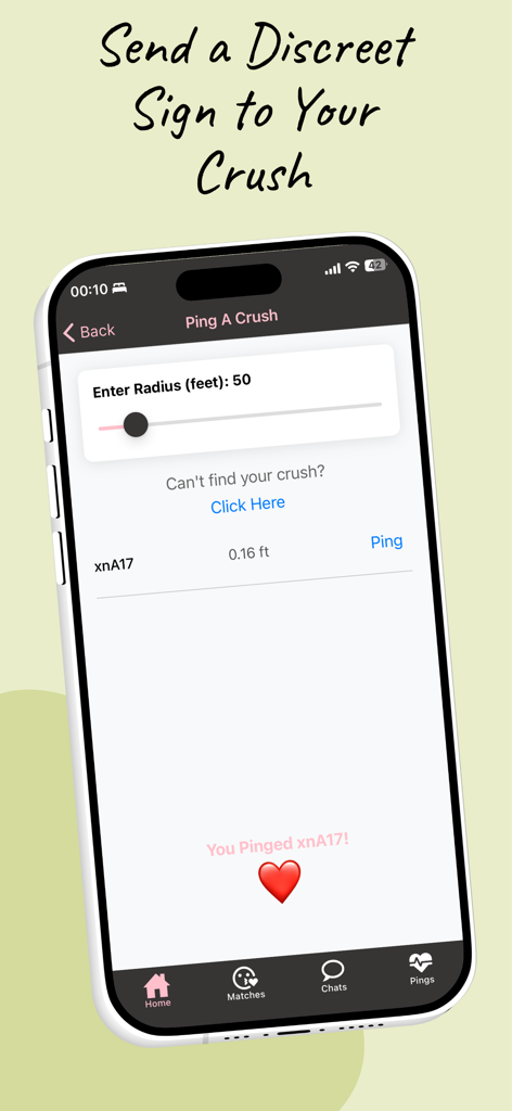 Ping Your Crush - A mobile interface of Ping Your Crush app showing a proximity radius slider and a successful ping sent to a nearby user.