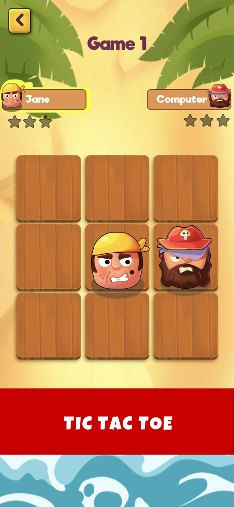 Pirate themed Tic Tac Toe gameplay screen with character icons on a wooden board