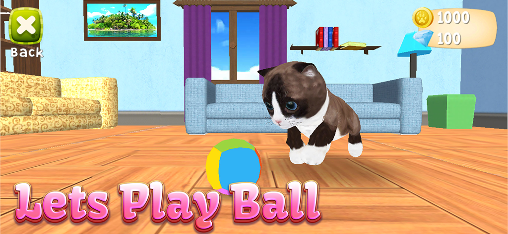 Cat Simulator 2 - Un gatito listo para jugar con una pelota colorida en una sala de estar