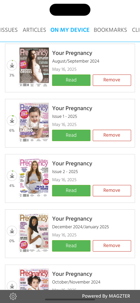 Your Pregnancy SA - La sección 'Mi dispositivo' de la aplicación Tu Embarazo SA que muestra una lista de números de revistas descargados.