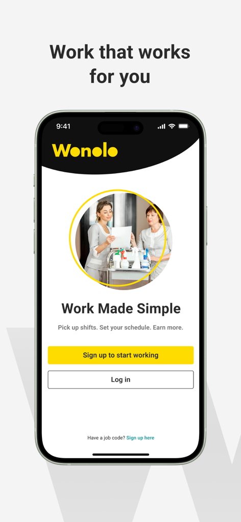 Wonolo - Wonolo app welcome screen showing flexible work opportunities and sign up options