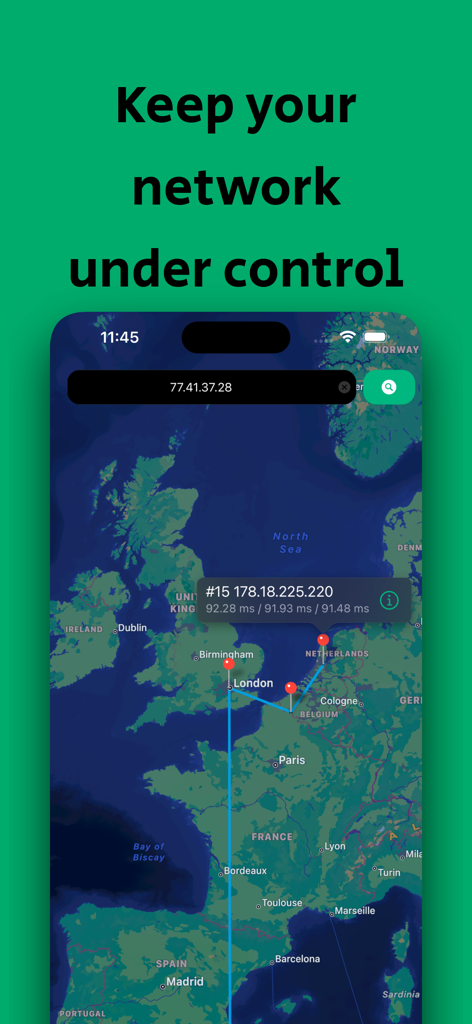 Geo Trace: Traceroute App - A smartphone screen displaying a visual traceroute map with network hop data and latency across Europe.