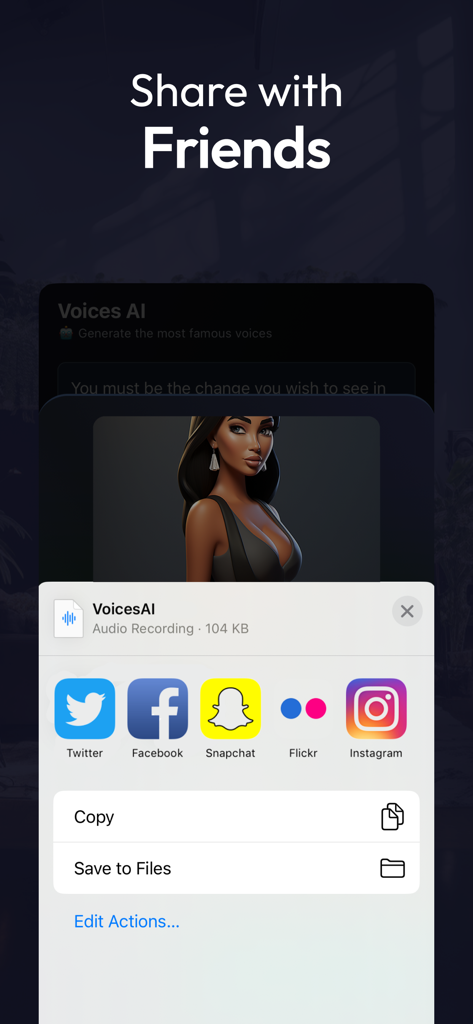 Interface of Voices AI app showing sharing options for social media platforms like Instagram and TikTok