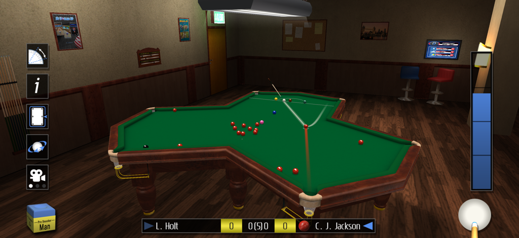 Pro Snooker 2026 - Jogabilidade do Pro Snooker 2026 mostrando uma partida numa mesa de formato personalizado num ambiente realista de salão de bilhar em 3D