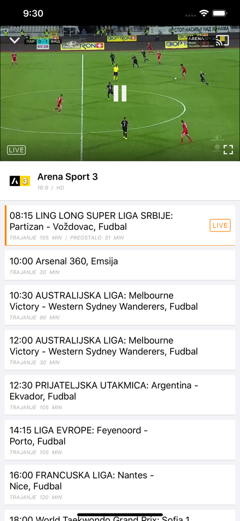 Live football match on Arena Sport 3 with a TV schedule in the Moja webTV app