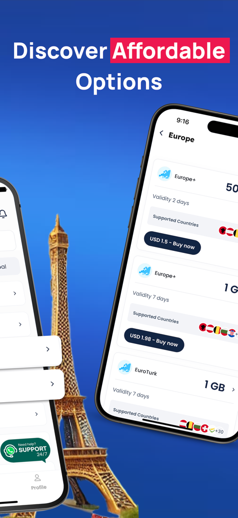 ヨーロッパ向けの安価な海外データプランを表示するMonty eSIMアプリのスクリーンショット
