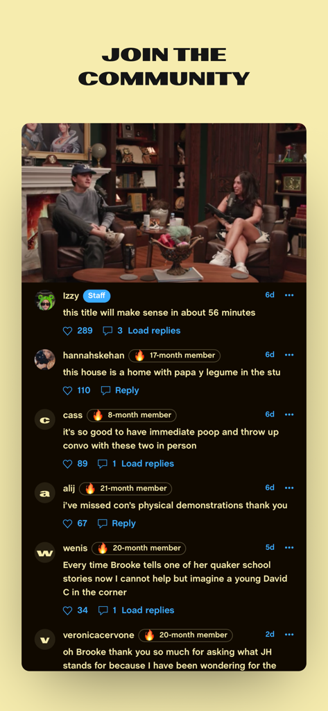 Tela da comunidade do aplicativo TMG Studios com vídeo e comentários