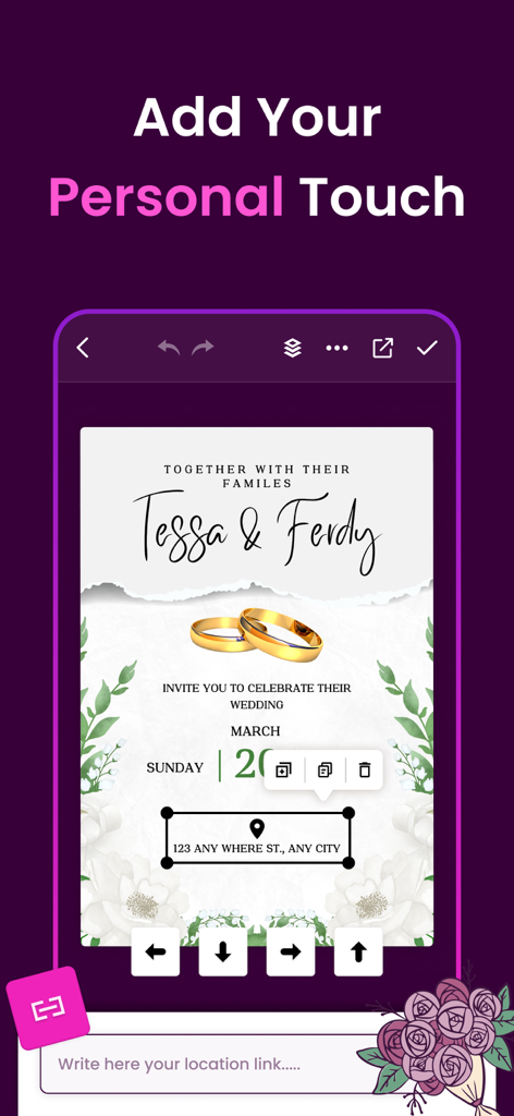 Invitation Maker - Card Maker - A mobile app screen showing the customization of a wedding invitation template with a floral design and gold rings