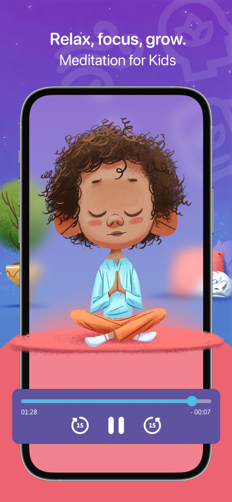 Kidly App Meditationsbildschirm, der eine Kinderfigur in einer Yoga-Pose zur Entspannung und Konzentration zeigt.