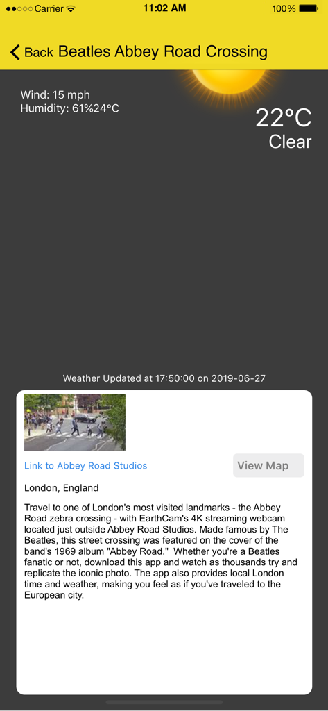 Abbey Road Studios Cam - Abbey Road Studios Cam app interface showing London weather and information about the Beatles zebra crossing