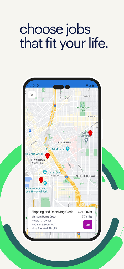 randstad: jobs for workers - Randstad app interface showing a map with available job locations in Seattle and a job card for a Shipping and Receiving Clerk