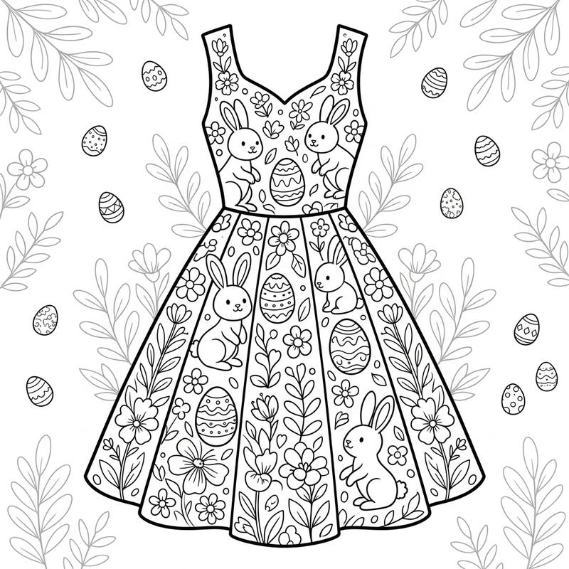 Get into the Easter spirit with this delightful A-line dress coloring page, adorned with adorable bunnies, festive eggs, and spring blossoms. It's a charming design perfect for creative minds of all ages looking to celebrate the season.