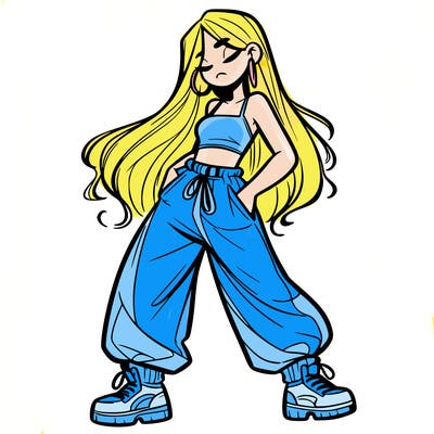 girl in baggy pants crop top and long hair