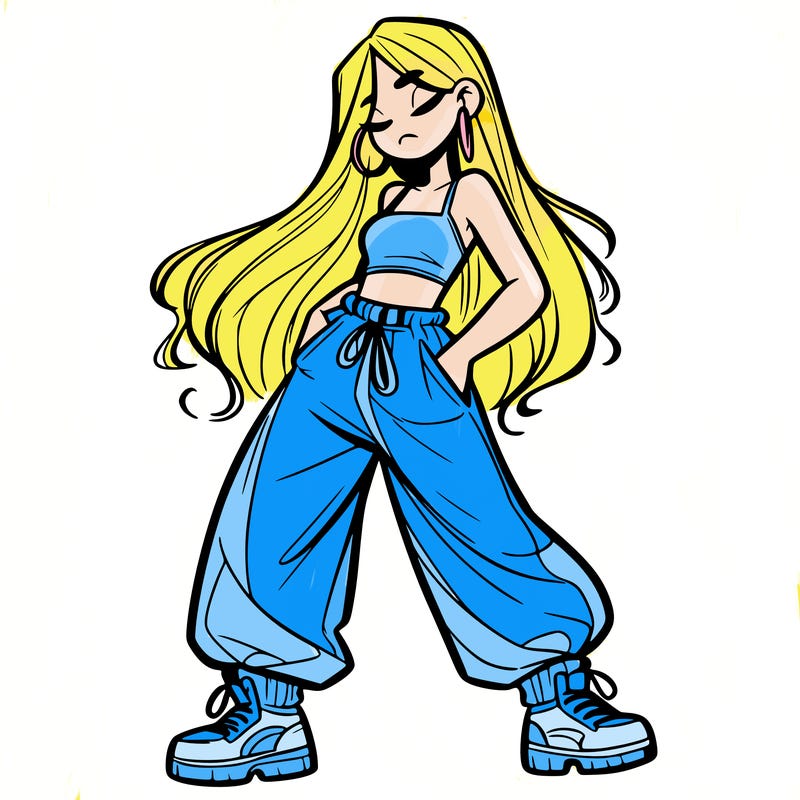 girl in baggy pants crop top and long hair