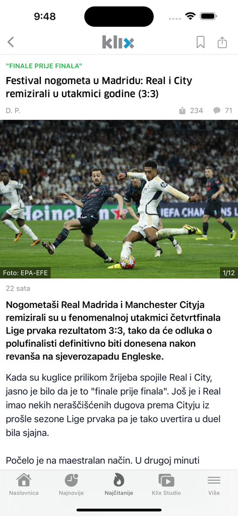 Pantalla de la aplicación móvil Klix.ba mostrando un artículo de noticias deportivas sobre un partido de fútbol entre el Real Madrid y el Manchester City en idioma bosnio.