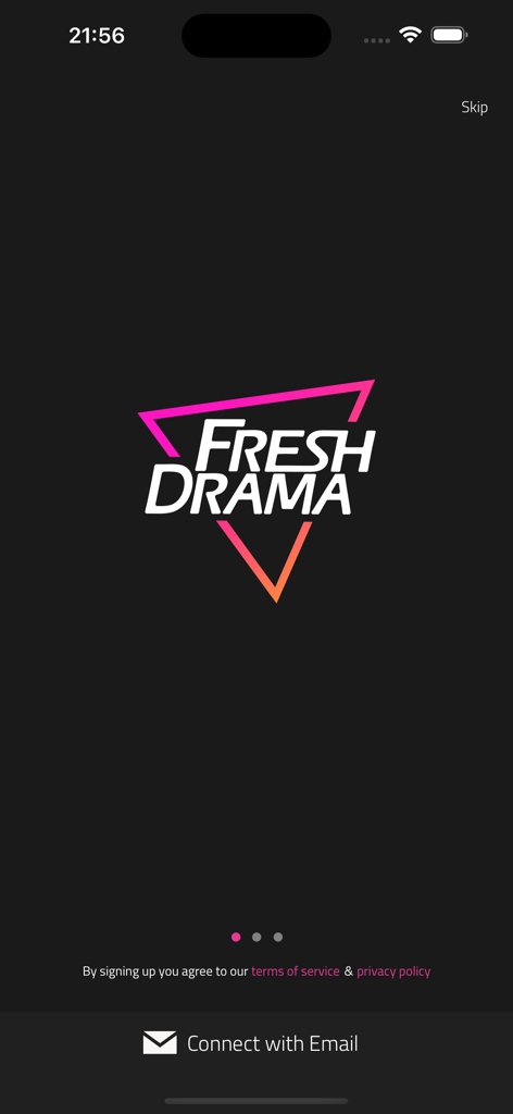 Fresh Drama - Pantalla de inicio de sesión de la aplicación móvil Fresh Drama con logo y botón de inicio de sesión con correo electrónico
