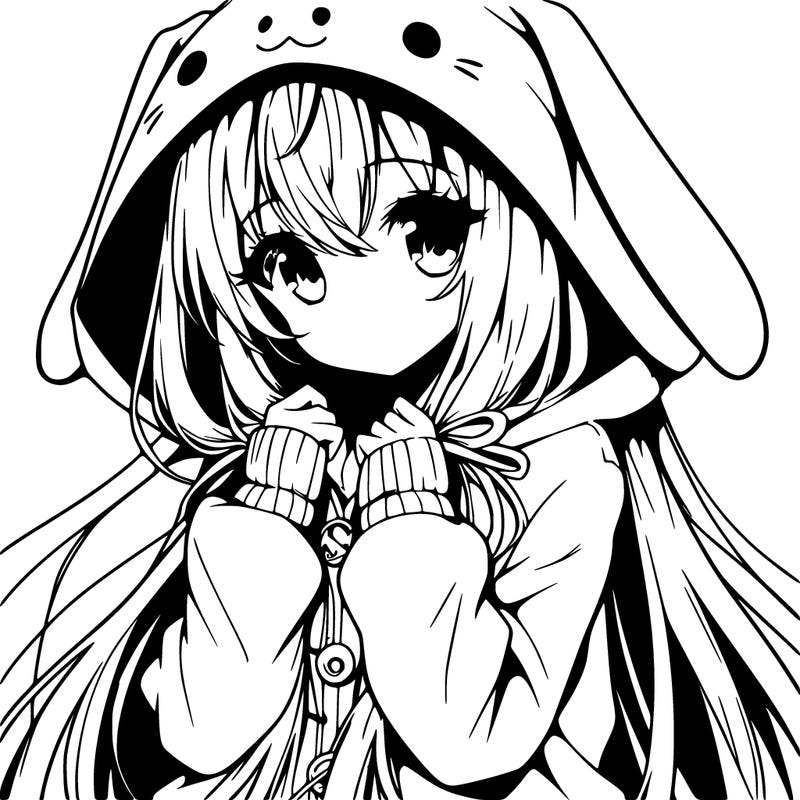 anime character girl with long hair cute bunny hoodie