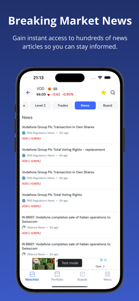 Smartphone displaying breaking market news and stock updates on the ADVFN finance app mobile interface.