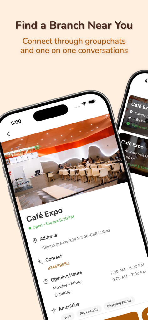 Café Expo - Mobile app interface for Cafe Expo showing store location details and amenities