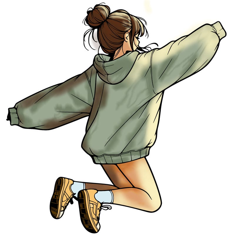 realistic girl jumping with a bun and oversized sweatshirt