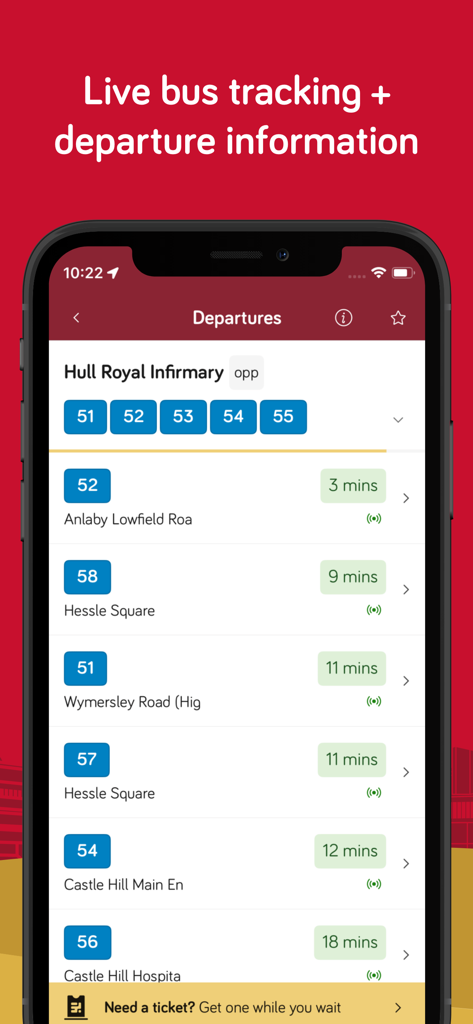 East Yorkshire Buses app interface showing live bus tracking and departure information for Hull Royal Infirmary.