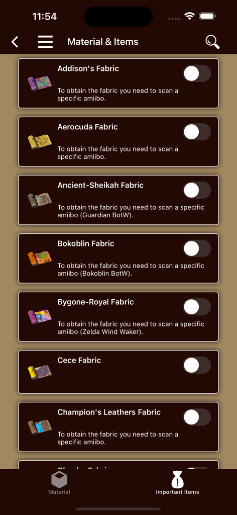 Tears Companion - A checklist of paraglider fabrics in the Tears Companion app showing how to unlock them through amiibo.