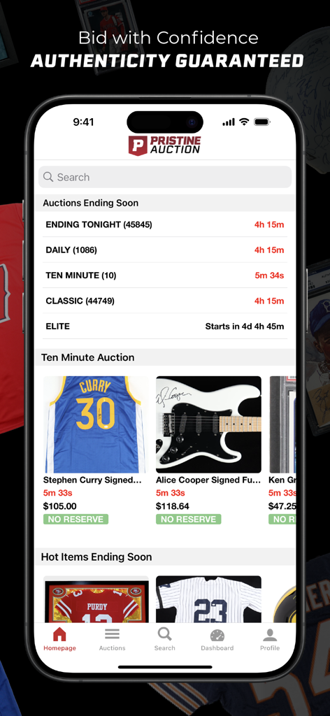 Pristine Auction - Pristine Auction app home screen showing live auctions for authenticated sports and music memorabilia items