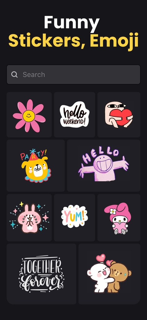 Clideo — Video Editor - Una colección de stickers y emojis coloridos y divertidos disponibles en la aplicación editor de video Clideo.