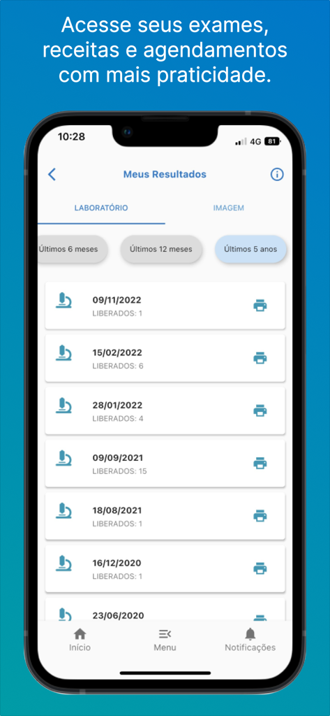List of laboratory results on the Portal do Paciente HC mobile app