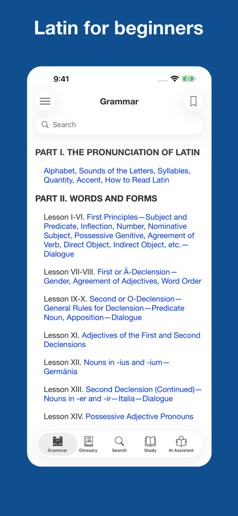 Latin for Beginners - Mobile app interface showing Latin grammar lessons including pronunciation and word forms