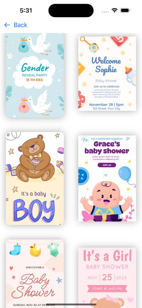 Baby shower Invitation . - Una variedad de bonitas plantillas de invitaciones para baby shower y revelación de género en la cuadrícula de la aplicación.