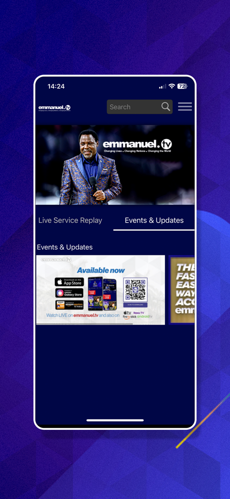 Interfaz de la aplicación Emmanuel TV que muestra la sección de eventos y actualizaciones con un retrato de T.B. Joshua