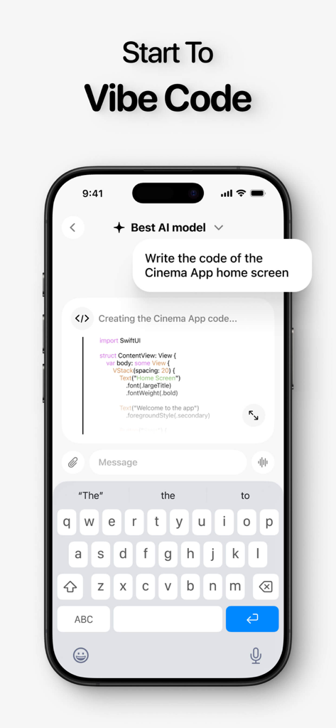 Screenshot of Rork Vibecode Guide app showing an AI chatbot generating SwiftUI code for a cinema app