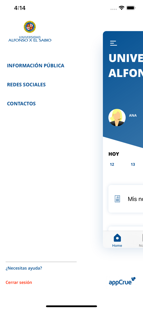 Menú lateral de la aplicación universitaria UAX que muestra opciones de navegación y un resumen del perfil del estudiante.